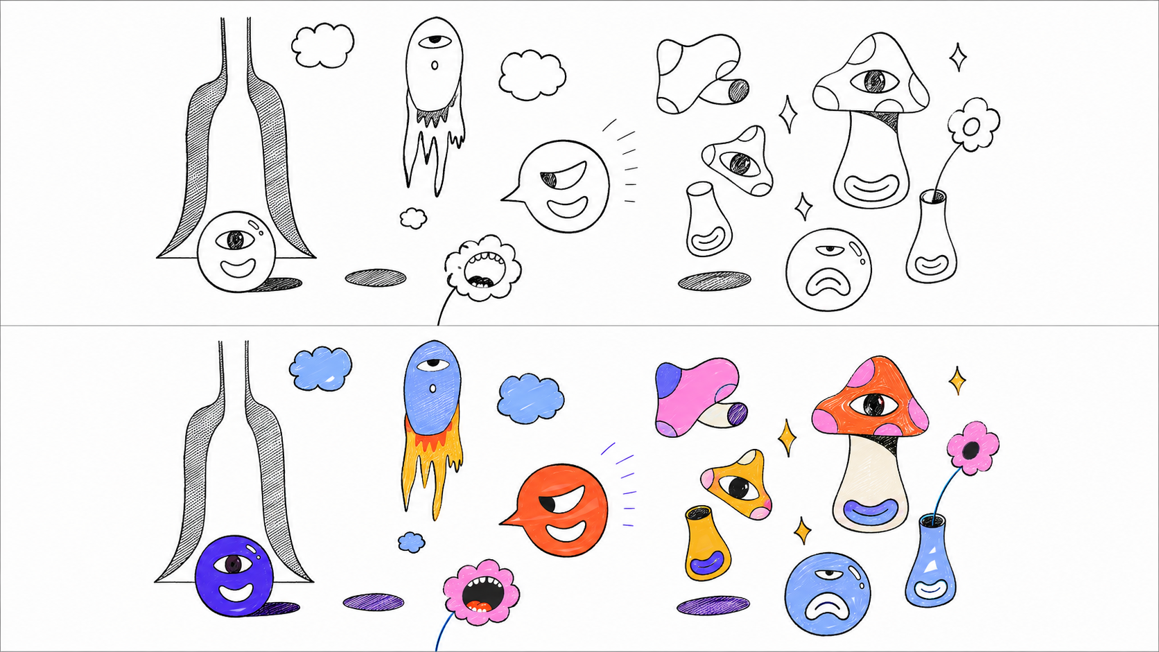 Original pencil sketches of the Motion Playground characters