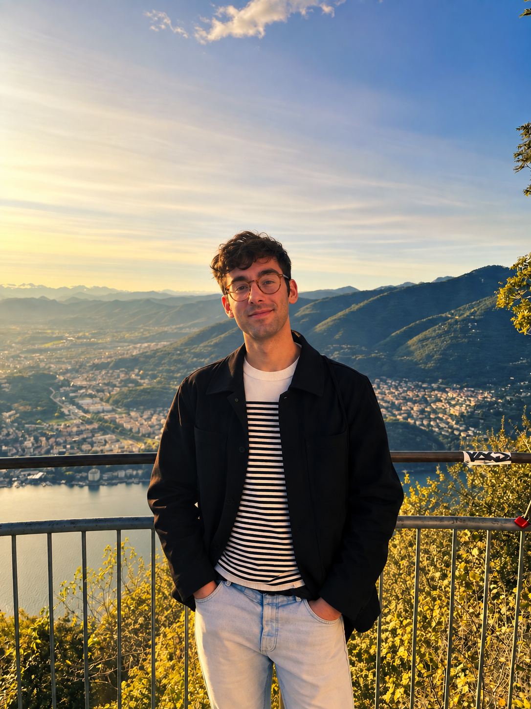 Samuele Barbieri overlooking a lake and mountains at sunset